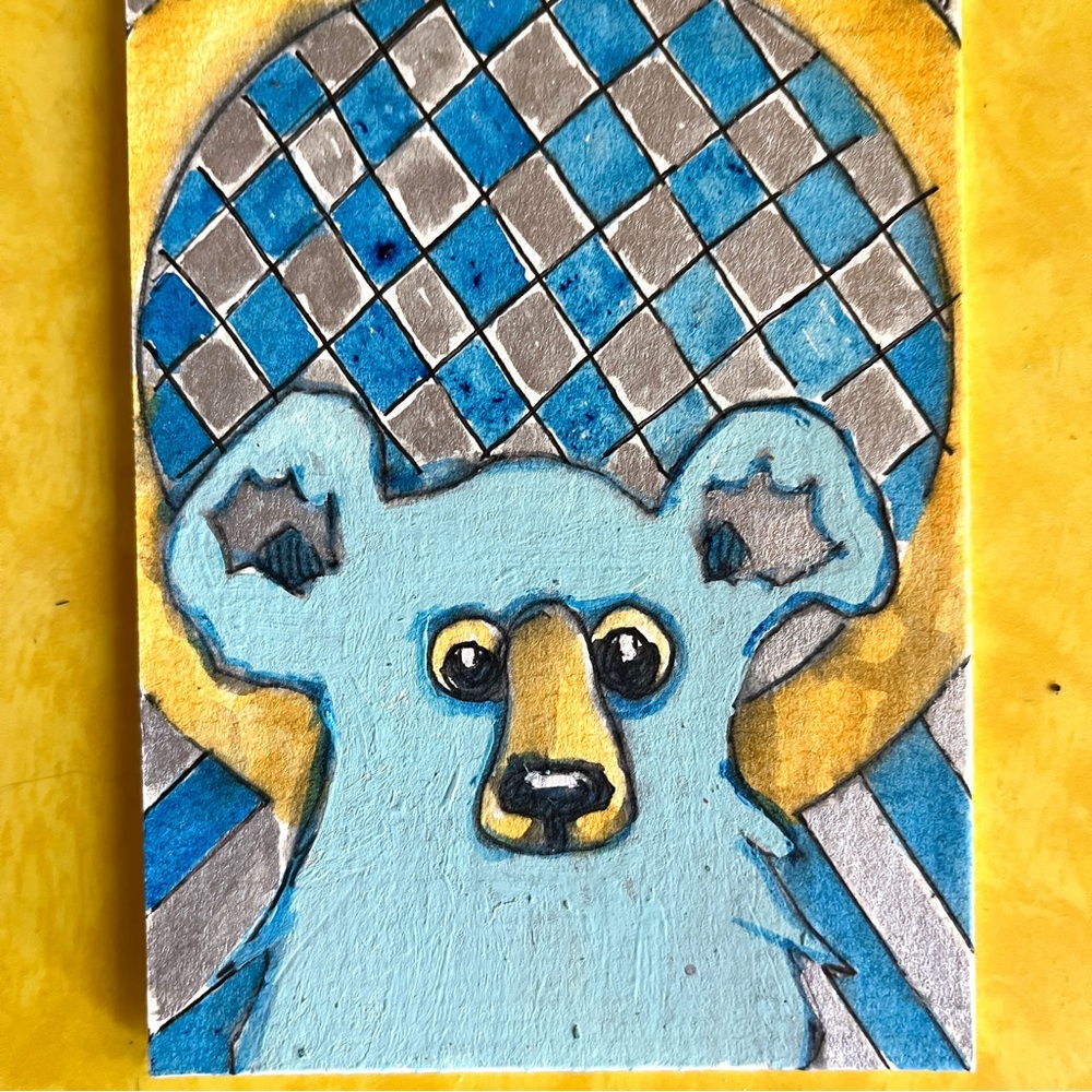 Bear Art! Blue/silver/yellow illustration on art board, mixed media. NEW